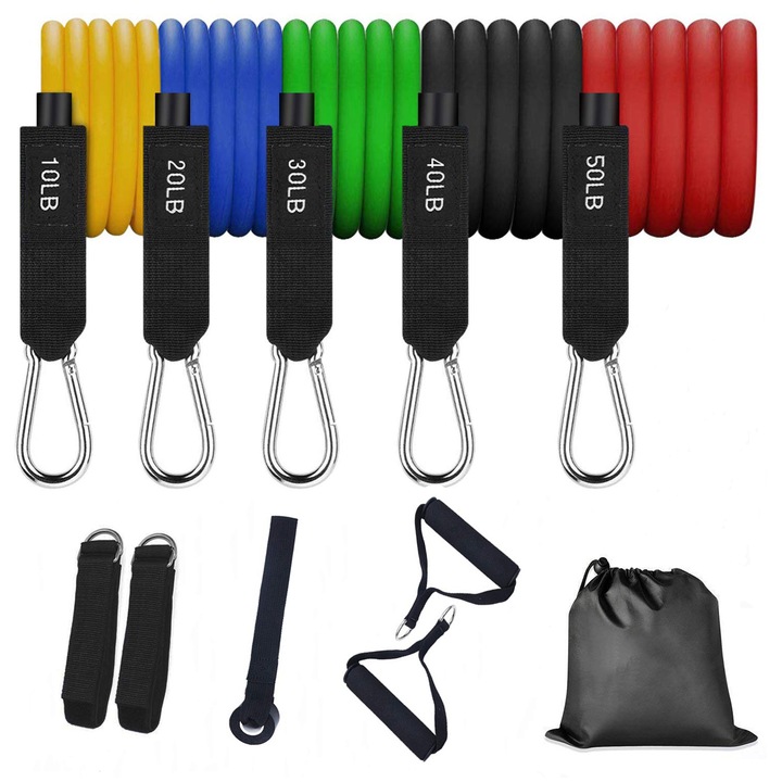 Set 11 Benzi pentru sport elastice, Darklove, Cu ghid de antrenament, Cu 5 Benzi Elastice, 2 Manere, 2 Chingi Picioare, Ancora pentru Usa, Saculet, TPE, Multicolor