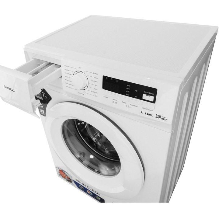 Masina de spalat rufe Slim Daewoo DWD-FV2021-4-Slim, 7 kg, 1400 rpm, Motor inverter, Clasa A, Alb