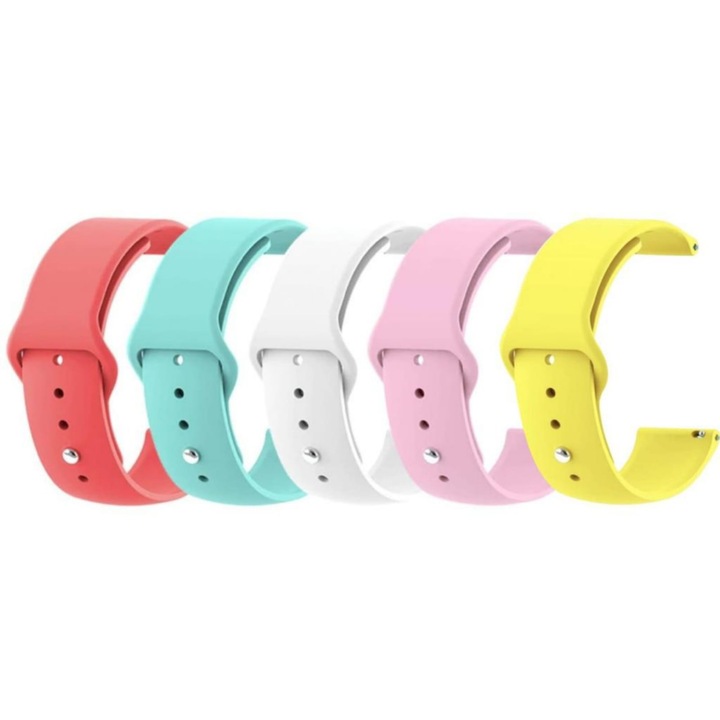 Set 5 bucati curea silicon smooth, Quick Release, compatibila cu POLAR Grit X XPro Vantage M M2 V2Shift, Samsung Galaxy Watch 46 mm, Gear S3 Classic, S3 Frontier, Galaxy Watch 3, Amazfit GTR 47 mm GT2 GT3 pro 46 latime 22 mm, Rosu, Turcoaz, Alb Roz Galben