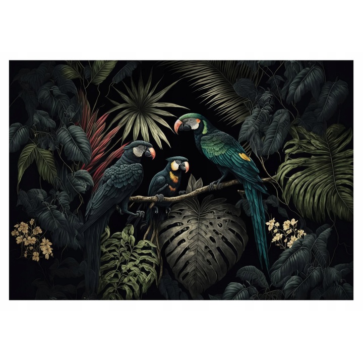 Tapéta Madarak Papagájok Jungle Nature 416x254 cm, Nem szőtt Tapéta, Dekoratív, Fal, Nappali