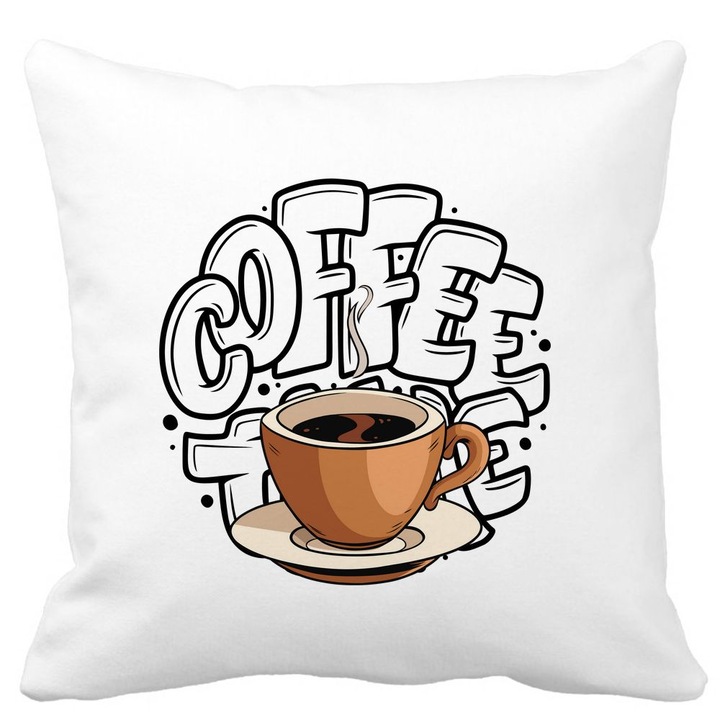 Dekoratív párna, Kávébarát, 40x40 cm, Fehér, Matt, Levehető huzat, Fújtató