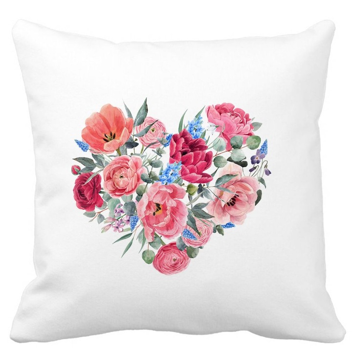 Dekoratív párnahuzat, Virágszív, Fehér, Matt, 40x40 cm