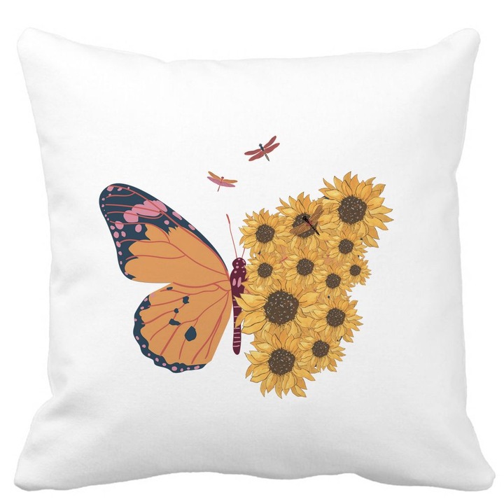 Dekoratív párnahuzat, napraforgó pillangó, fehér, matt, 40x40 cm