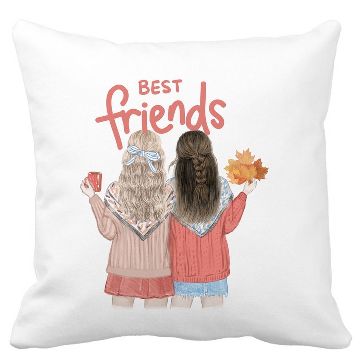 Dekoratív párna, Best Friends, 40x40 cm, fehér, matt, levehető huzat, fújtató