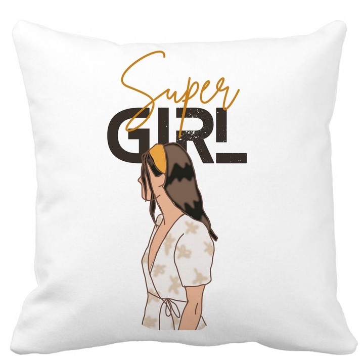 Dekoratív párna, Super Girl, 40x40 cm, fehér, matt, levehető huzat, fújtató