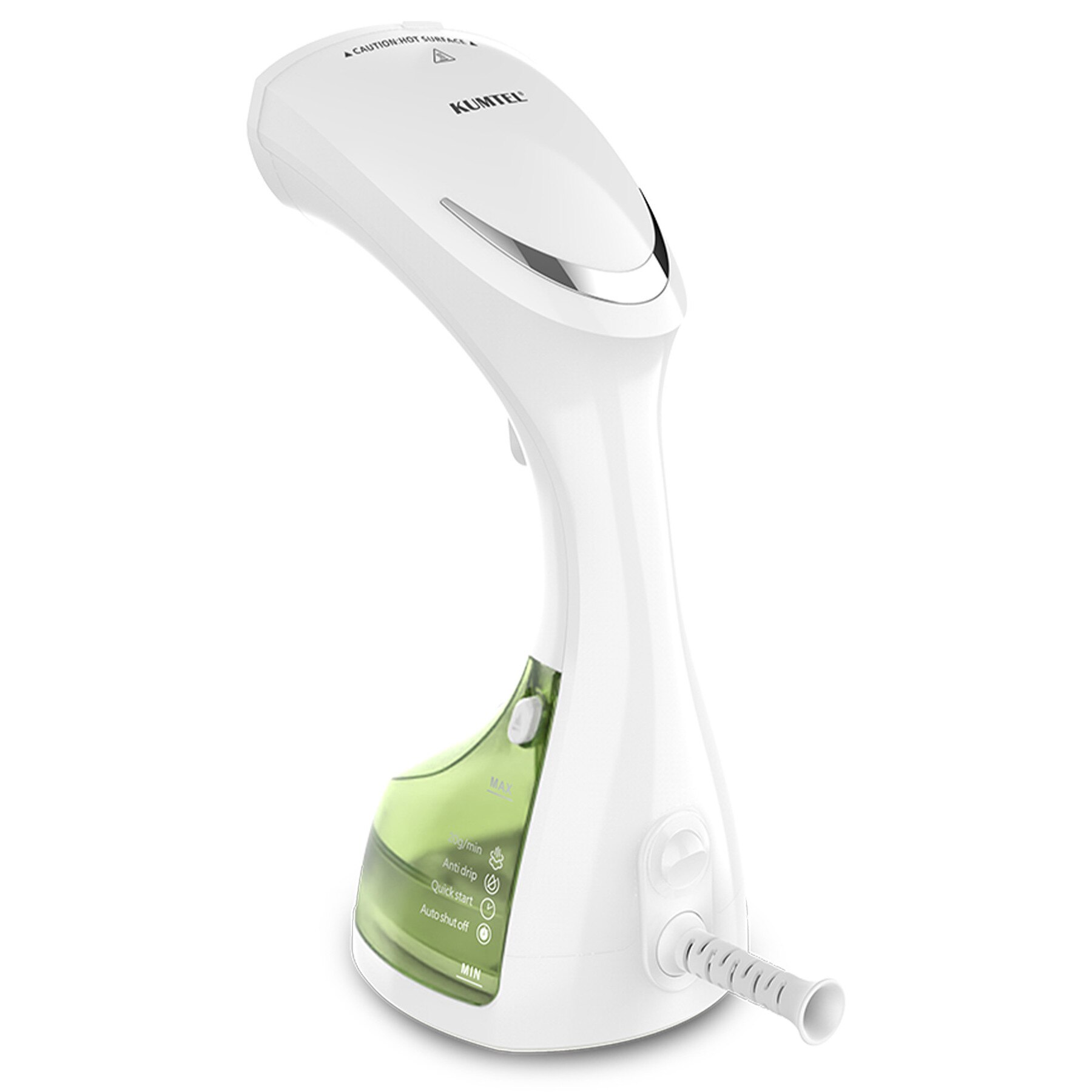 Aparat de calcat vertical Kumtel HMGS-01, portabil, Putere 1500 W, Debit de abur 20 g/min, Pornire rapida in 20s, Rezervor detasabil, alb