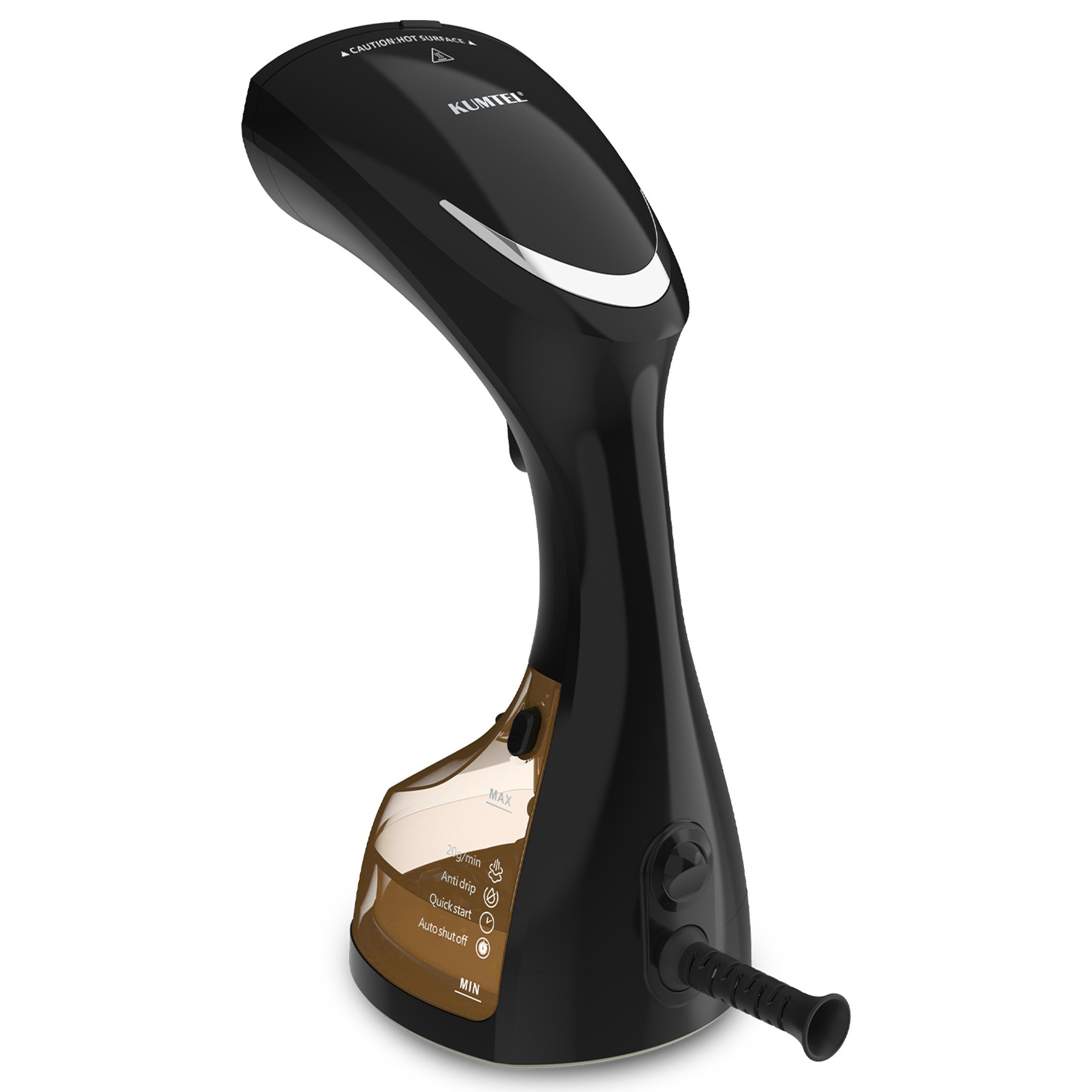 Aparat de calcat vertical Kumtel HMGS-02, portabil, Putere 1500 W, Debit de abur 20 g/min, Pornire rapida in 20s, Rezervor detasabil, negru