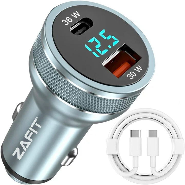 Incarcator auto ZAFIT™ cu cablu Tip C, 66W Super Fast charge, 1 port x Tip C, 1 port x USB 3.0, Corp aliaj aluminiu, Indicator LED, Universal