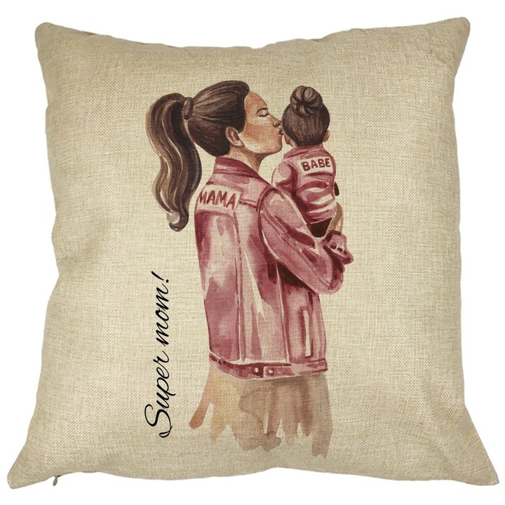 Dekoratív párna, Super Mom & Babe, 40x40 cm, Levehető huzat, Fújtató