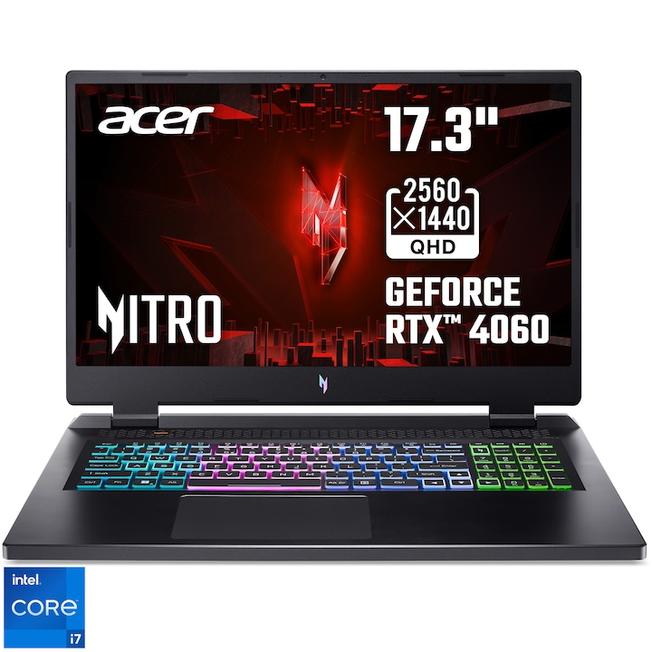 Laptop Gaming Acer Nitro 17 AN17-51 cu procesor Intel® Core™ i7-13700H pana la 5.0 GHz, 17.3", QHD, IPS, 165Hz, 16GB DDR5, 512GB SSD, NVIDIA® GeForce RTX™ 4060 8GB GDDR6, No OS, Black