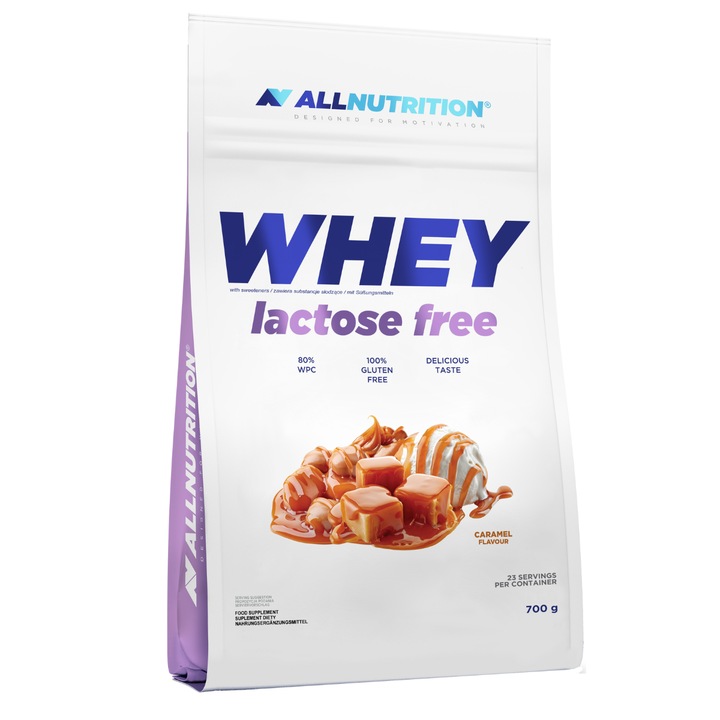 Proteine din zer fara lactoza, ALLNUTRITION WHEY LACTOSE FREE, aroma Caramel, 700 g, fara lactoza, fara zahar, 23 portii