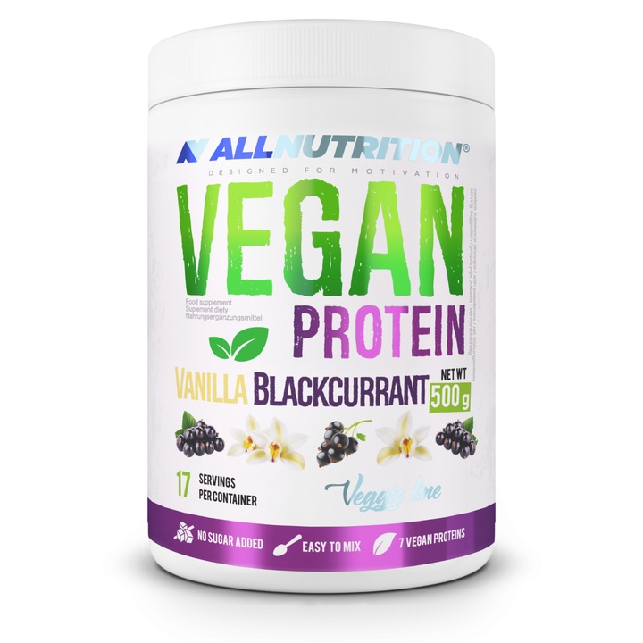 Proteine vegana, proteina vegetala, ALLNUTRITION VEGAN PROTEIN, 500g, aroma Vanilie-Coacaze Negre, proteic din soia, pudra proteica