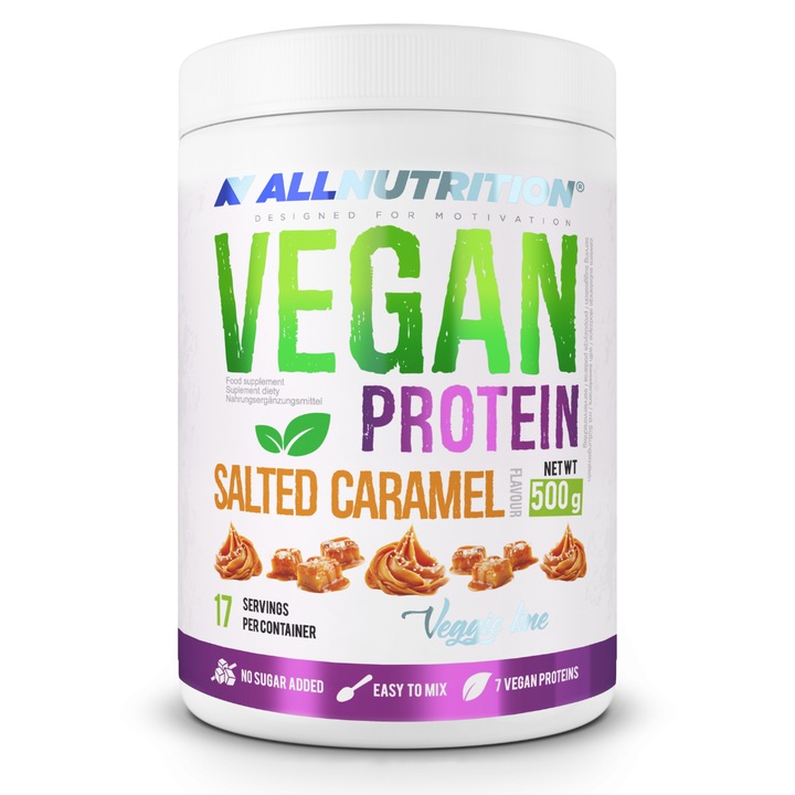 Proteine vegana, proteina vegetala, ALLNUTRITION Vegan Protein, 500g, aroma Caramel Sarat, pudra proteica, proteic din soia