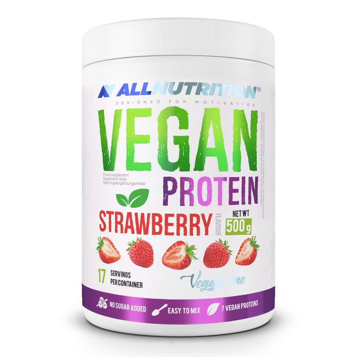 Proteine vegana, proteina vegetala, ALLNUTRITION Vegan Protein, 500g, aroma Capsuni, pudra proteica, proteic din soia