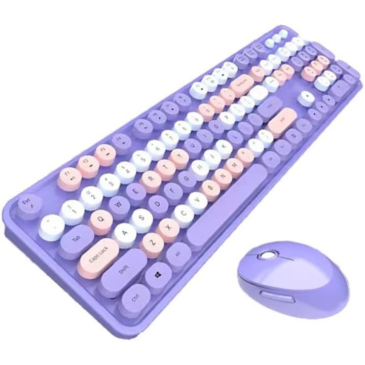 Set tastatura si mouse wireless, retro cu taste rotunde, autonomie lunga, multicompatibil, 445x136x35mm, negru