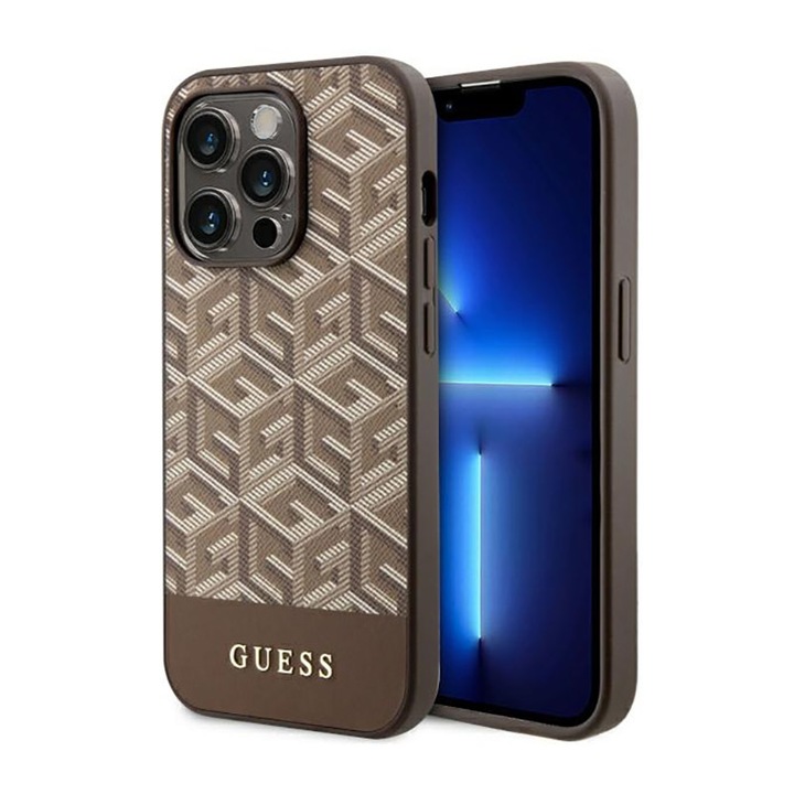 Husa telefon, Guess, Policarbonat/TPU, Compatibil cu iPhone 14 Pro, Maro