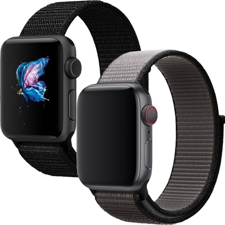 Set 2 curele sport compatibile Apple Watch 11 10 9 8 7 6 5 4 3 2 1, Display 42/44/45/46/49 mm, Nylon, Negru/Gri