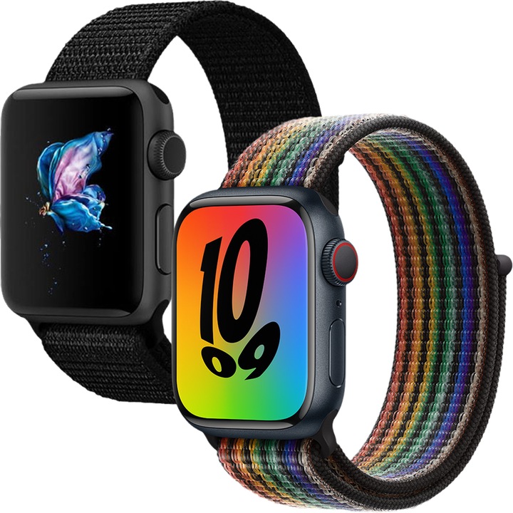 Set 2 curele sport compatibile Apple Watch 11 10 9 8 7 6 5 4 3 2 1, Display 42/46/44/45/49 mm, Nylon, Negru/Rainbow