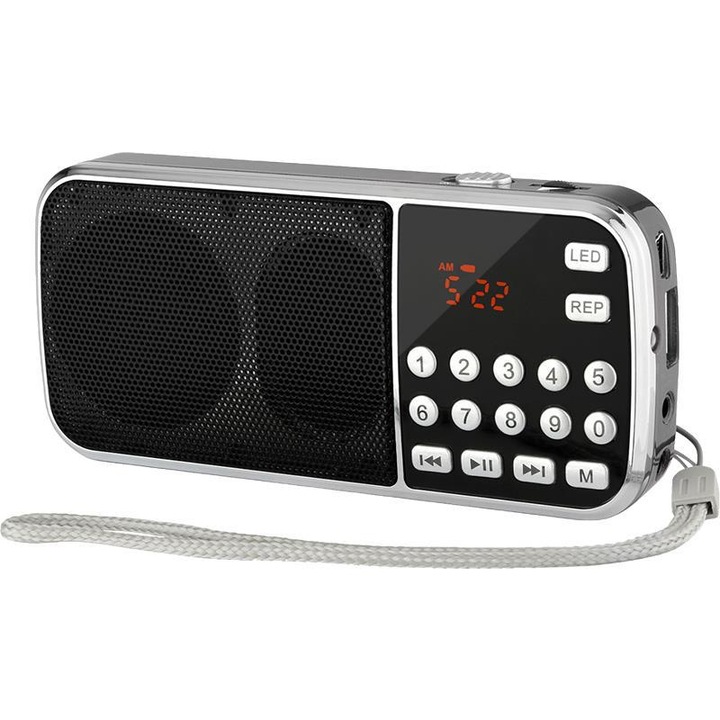 Kompakt AM/FM rádió Bluetooth-szal, csomagtartó rádió mélynyomóval, digitális rádió akkumulátorral, LED zseblámpa