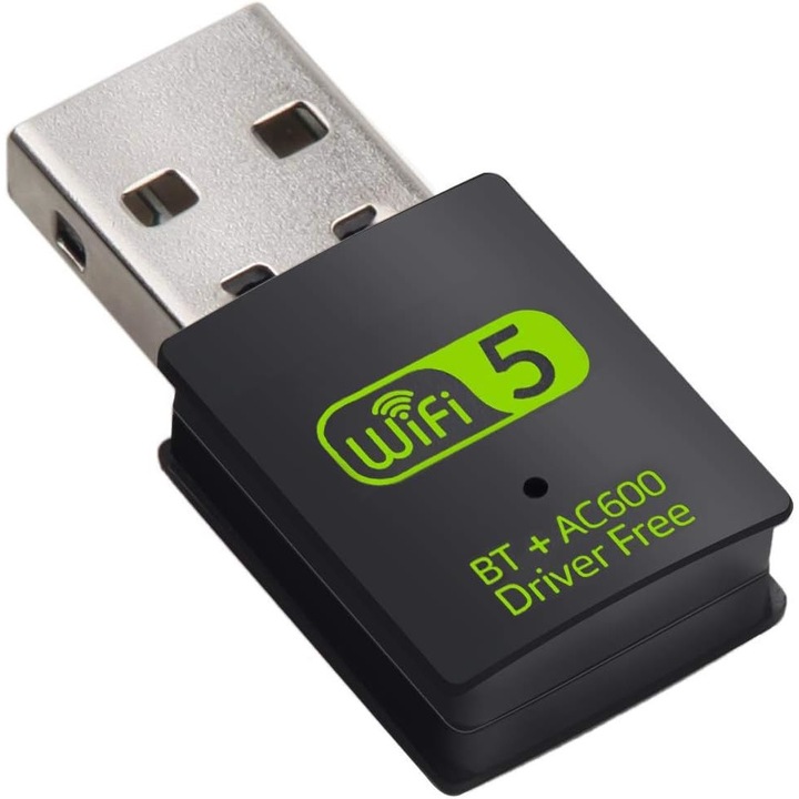 USB-adapter, WiFi Bluetooth, 2.4 / 5 Ghz, 600 Mbps, PC-hez / laptophoz / asztali számítógéphez, fekete