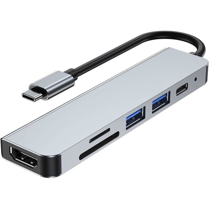 USB-C хъб, QttvbTna, 6-в-1, 4K HDMI, 100W PD, за MacBook, сребрист