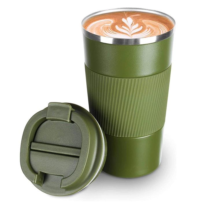 Cana termica, zggzerg, Fabricata din Otel Inoxidabil de calitate alimentara, Ecologic, Rezistent la rugina si la scurgeri, baza antialunecare, pentru bautura cu gheata si bauturi calde, 510ml, Verde