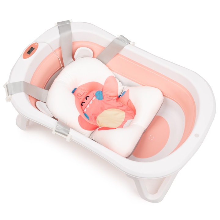 Бебешко корито Juju AquaSplash, 0+ месеца, сгъваемо, с подвижна възглавница, вграден електронен термометър, пробка за източване, противоплъзгащи крачета, ергономичен дизайн, Розова
