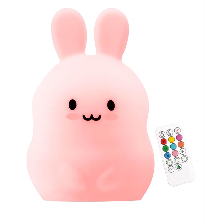 Преносима нощна лампа за деца, LED 9 цвята, регулируема светлина, USB, сензорно управление, дистанционно управление, таймер, силикон без BPA, заек, бял