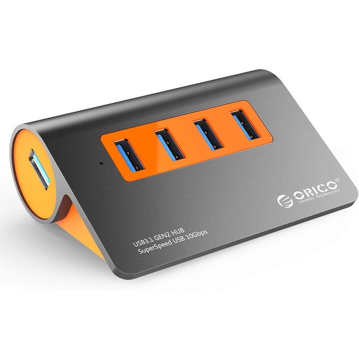 USB 3.1 хъб, Orico, алуминий, 12V, 2.5A, 4 порта, 10Gbps, сив/оранжев