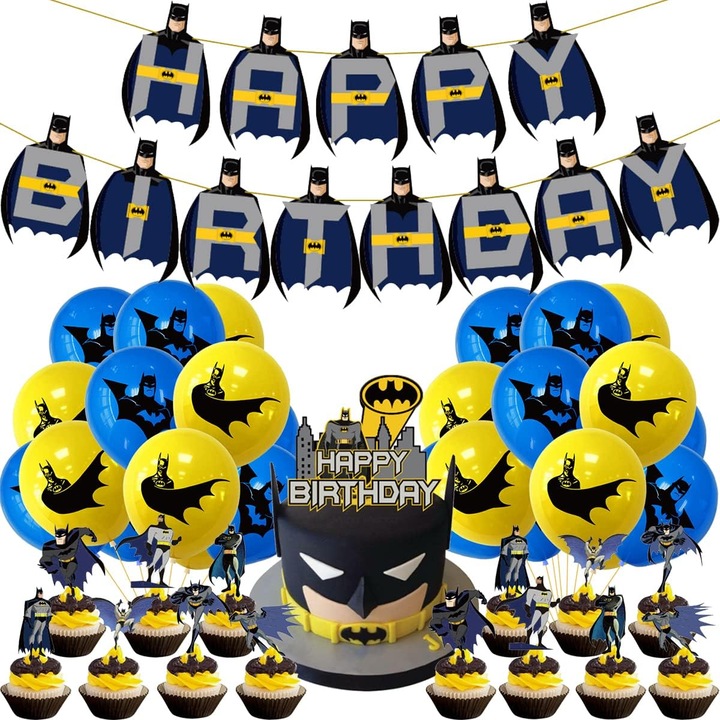 Комплект 20 детски балона Batman, Парти за рожден ден, Латекс, 1 банер с напдис Happy Birthday, 14 топера за кексчета, 1 топер за торта, Син / Жълт