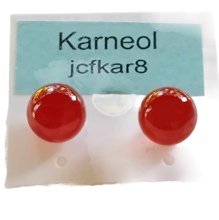 Karneol ásvány cabochon beszúrós fülbevaló nemesacél szerelékkel, 8 mm, nikkelmentes