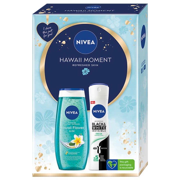 Set cadou: Gel de dus Nivea Hawaii Flower & Oil 250 ml + Deodorant spray feminin Nivea Black & White Fresh 150 ml