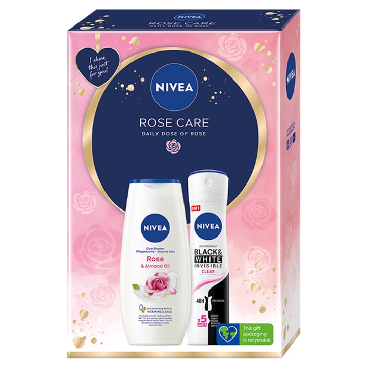 Комплект: Душ гел Nivea Rose & Almond Oil, 250 ml + Дезодорант спрей Nivea Black & White Invisible Clear, 150 ml