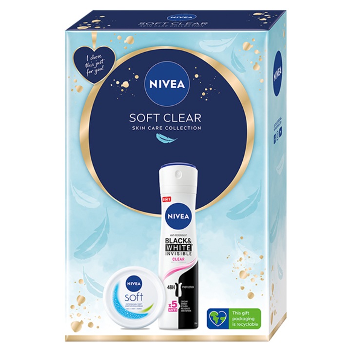 Комплект: Дезодорант спрей за жени Nivea Black & White Clear 150 мл + Крем за тяло Nivea Soft 100 мл