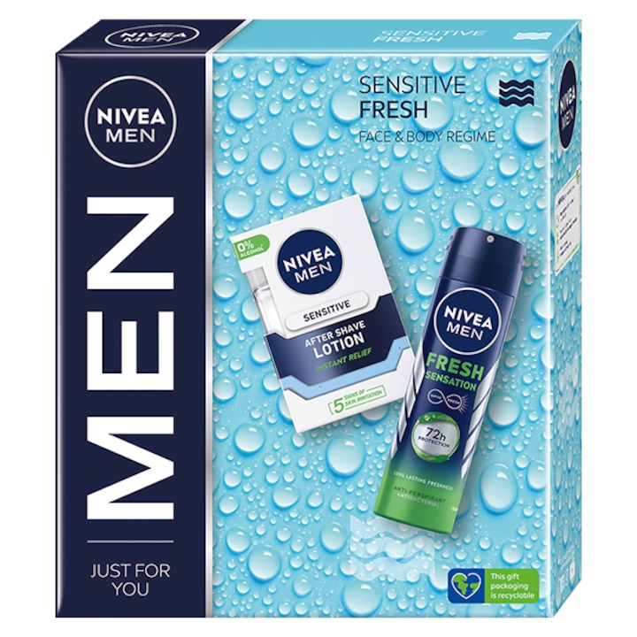 Комплект: Лосион за след бръснене Nivea Men Sensitive, 100 мл + Дезодорант спрей Nivea Fresh Sensation, 150 мл