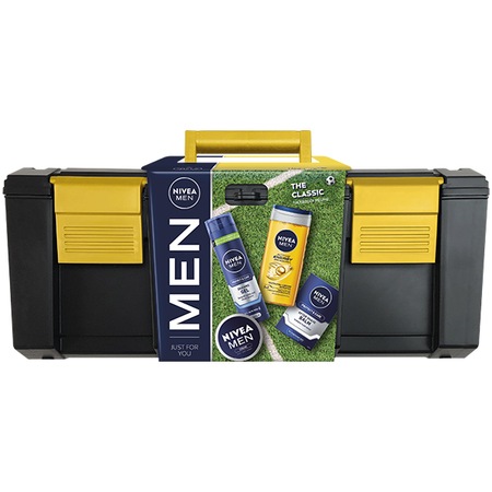 Set cadou Nivea Men Toolbox Classic: Crema Nivea Men Creme, 75 ml + Gel pentru ras Nivea Men Protect & Care, 200 ml + Balsam dupa ras Nivea Men Protect & Care, 100 ml + Gel de dus Nivea Men Active Energy, 250 ml
