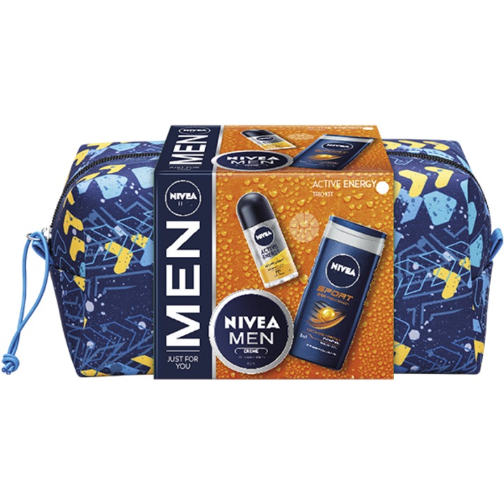 Nivea Men ajándékkészlet: Nivea Men krém, 150 ml + Nivea Men Sport tusfürdő, 250 ml + Nivea Men Active Energy roll-on dezodor, 50 ml + ajándéktáska