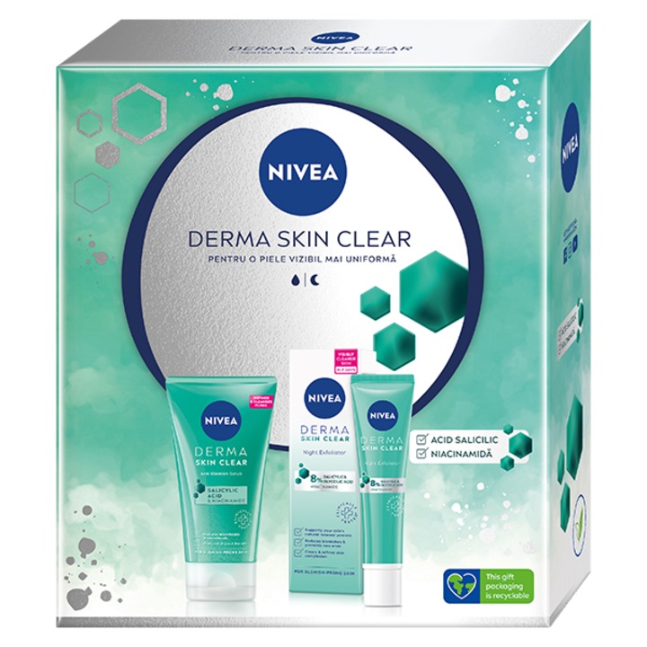 Set cadou: Tratament exfoliant pentru noapte Nivea Derma Skin Clear, 40 ml + Scrub Nivea Derma Skin Clear, 150 ml