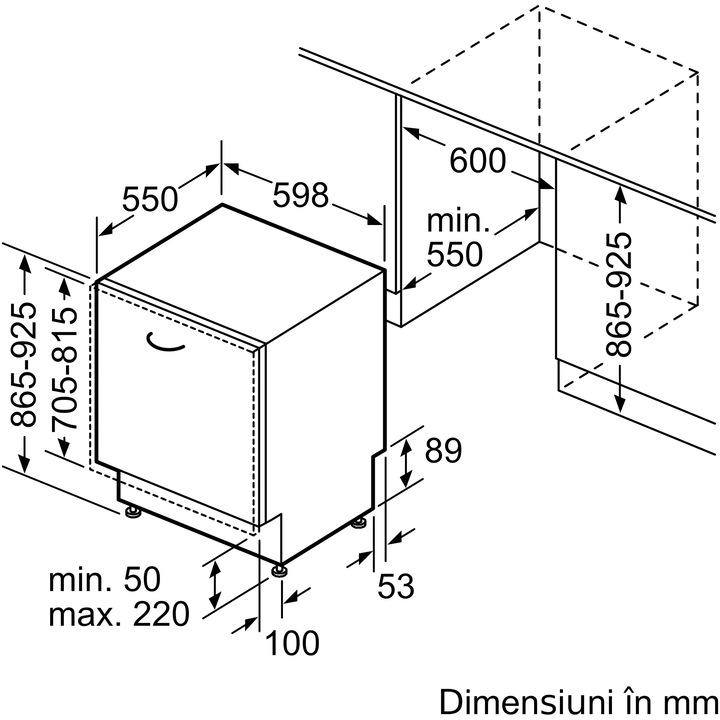 Masina de spalat vase incorporabila Bosch SBH4ECX21E, 14 seturi, 6 programe, EfficientDry, sertar Rackmatic, Silence Plus, VarioHinge, Side light, Tab-count, Clasa B, Home Connect, 60 cm