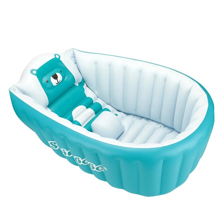 Cadita gonflabila pentru bebelusi si copii, 0-5 ani, portabila, pliabila, mini piscina de calatorie, albastra, bebeLOGIC™