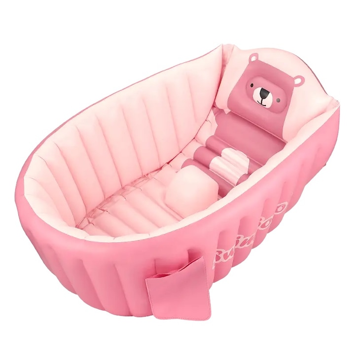 Cadita gonflabila pentru bebelusi si copii, 0-5 ani, portabila, pliabila, mini piscina de calatorie, roz, bebeLOGIC™