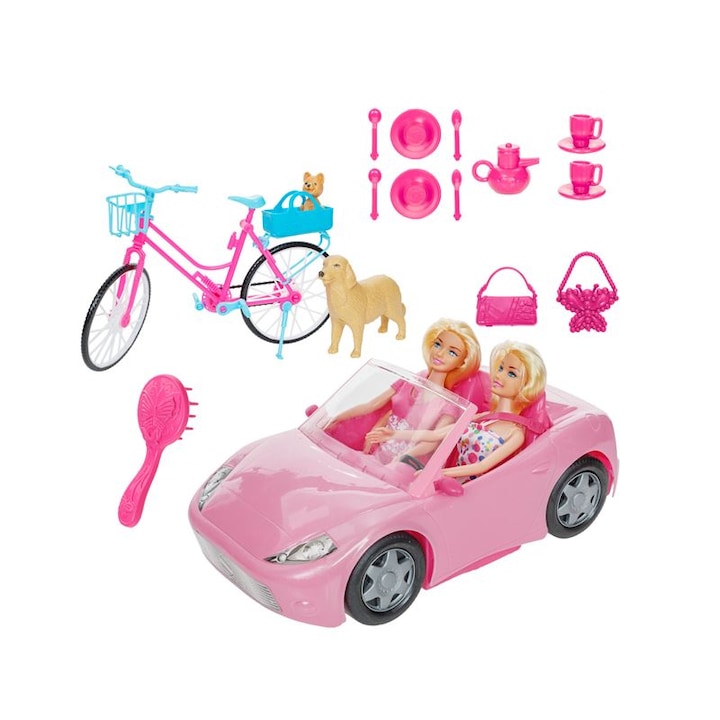Set 2 papusi cu masina, bicicleta, catel si accesorii, Roz, ATU-088104