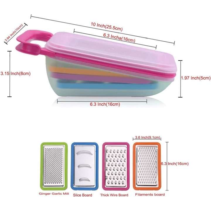 Razatoare manuala multifunctionala pentru legume, fructe, branza, set de 4 lame, recipient cu capac, transparent