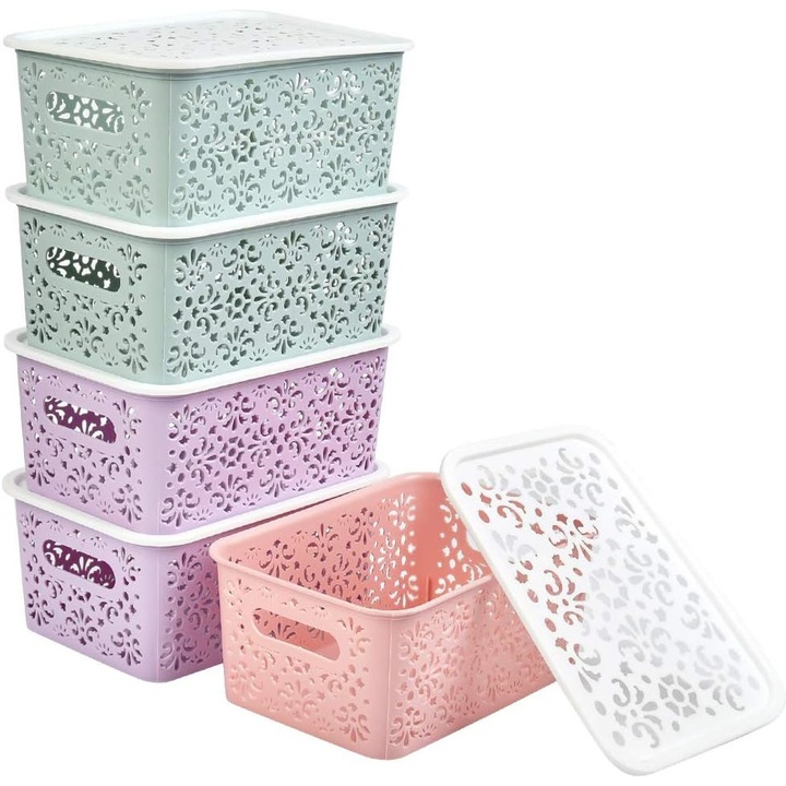 Set 5 cosuri depozitare, plastic, cu capac si maner, 21x16.5x10.4cm, multicolor
