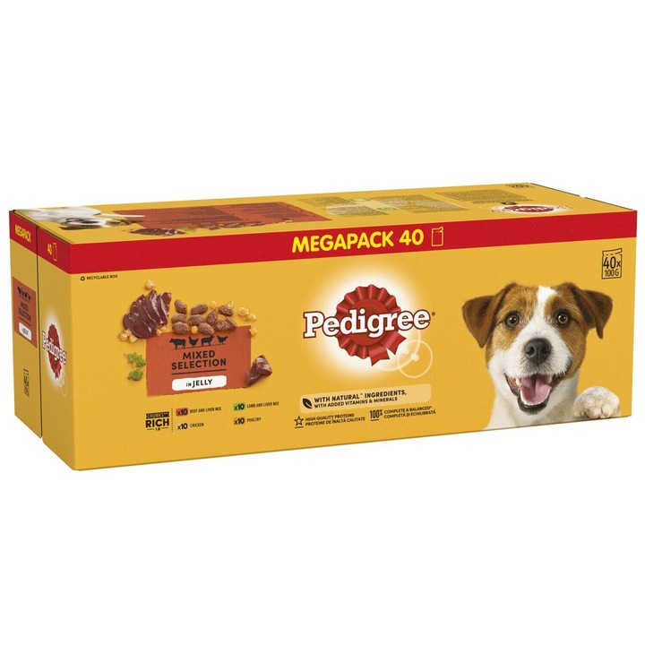 Мокра храна за кучета Pedigree Adult, Селекция от месо в желе, Megapack sachets, 40 x 100 гр