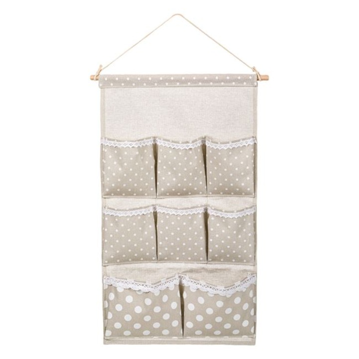 Husa organizator de perete pentru accesorii cu buline si dantela, 8 compartimente, agatatoare, 35 cm x 60 cm, bej