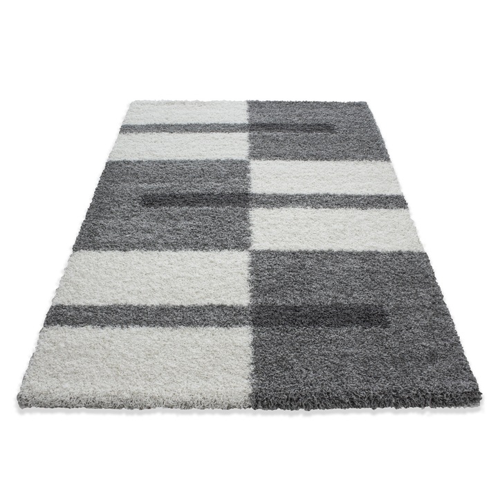 Covor Shaggy, Ayyildiz, Gala, 200x290 cm, Polipropilen, Model Geometric, 30 mm, 2 100 gr/m², PP Shaggy, Dreptunghiular, Spate Din Juta Naturala, Oeko Tex Standard 100, Izoleaza Perfect De Frigul Podelei, Fir Inalt, Pentru Interior, Gri/Crem
