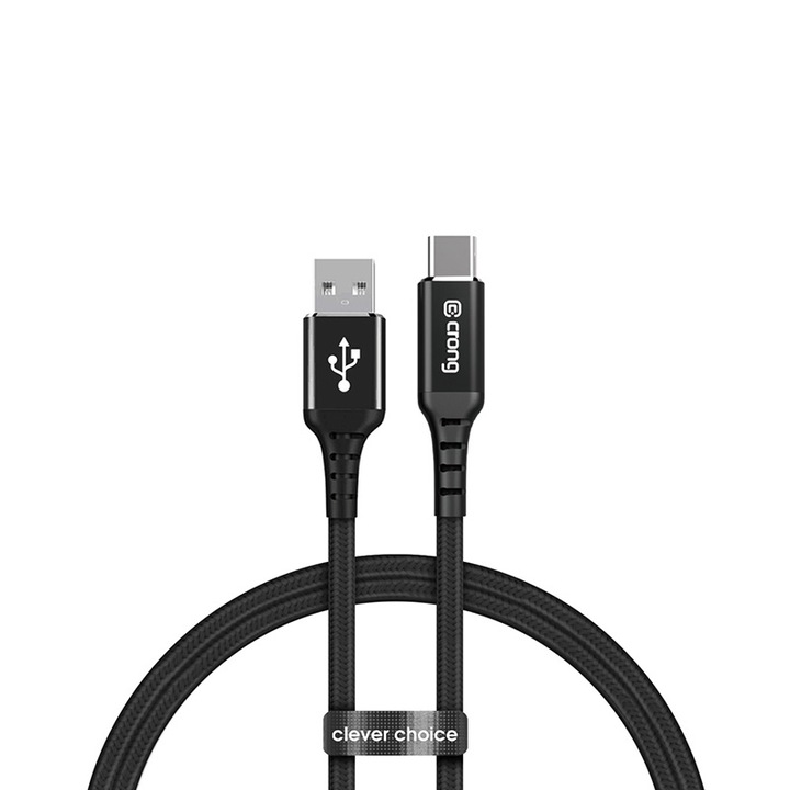 Cablu incarcare rapida, Crong, USB-C/USB-A, 150 cm, Negru