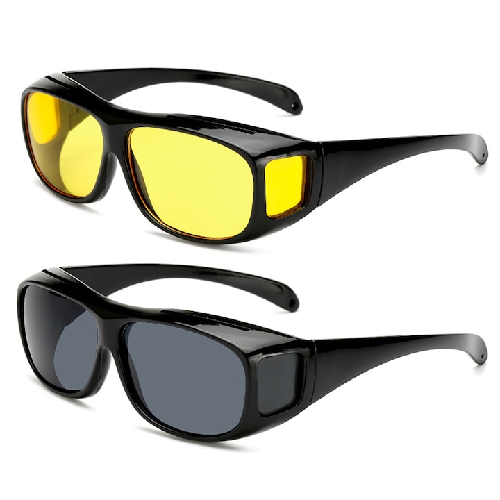 Set 2 perechi ochelari de soare polarizati, Darklove, HD VISION, 100 % Protectie UV, Pentru condus, pescuit, sport, drumetii, Usor de purtat, Marime universala, PC, Negru/Galben