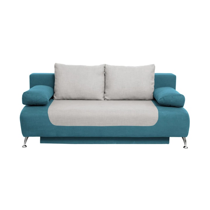 Canapea extensibila Expomob DARIA, 3 locuri, cu arcuri si lada depozitare, dimensiune 195x98x74 cm, culoare turcoaz + gri